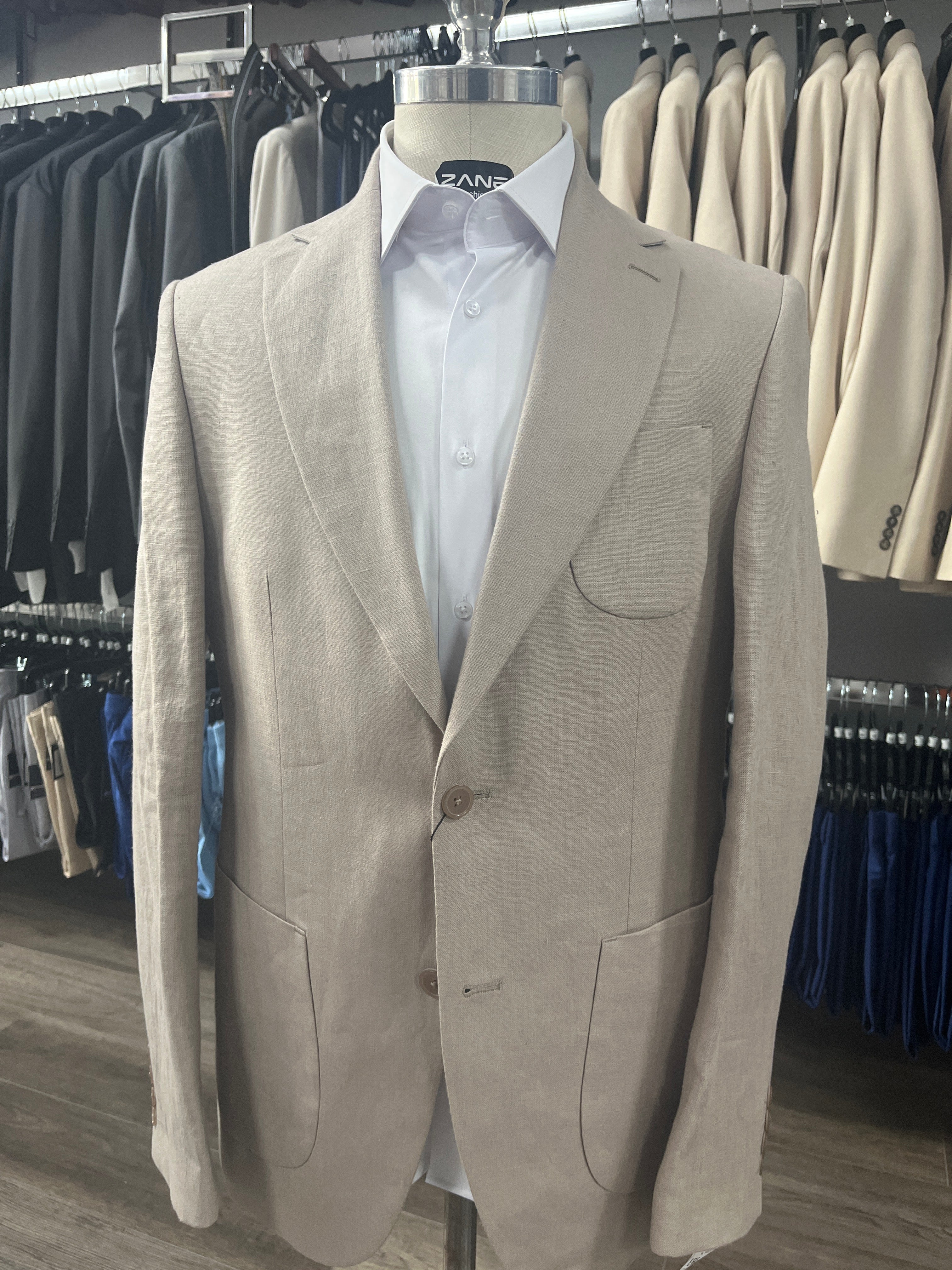 Beige linen sport coat suited to Miami's warm climate business culture