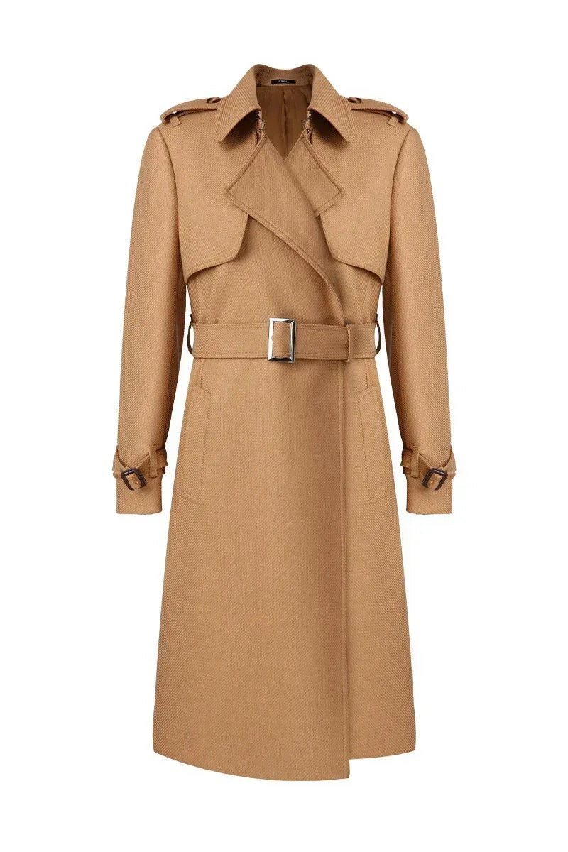 Camel belted trench coat with epaulettes storm flap and adjustable cuffs custom made in Jacksonville Florida#customouterwear #camelcoat #jacksonvilleflorida #mensfashion #womenswear