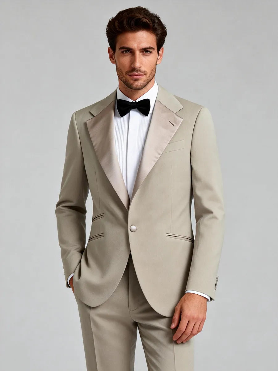 Khaki wool cotton two piece tuxedo suit, made to order and owned rather than rented