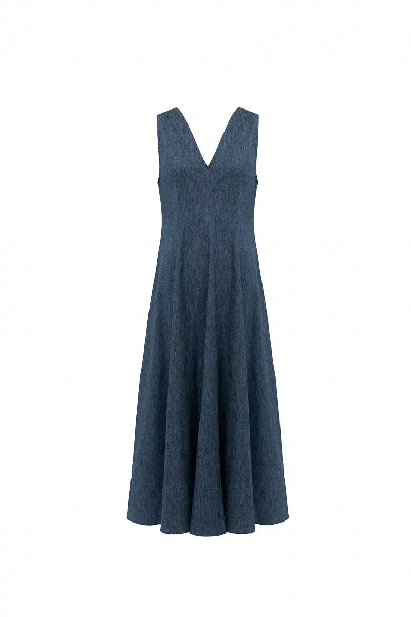 Blue v-neck maxi dress showing women's fit and sizing