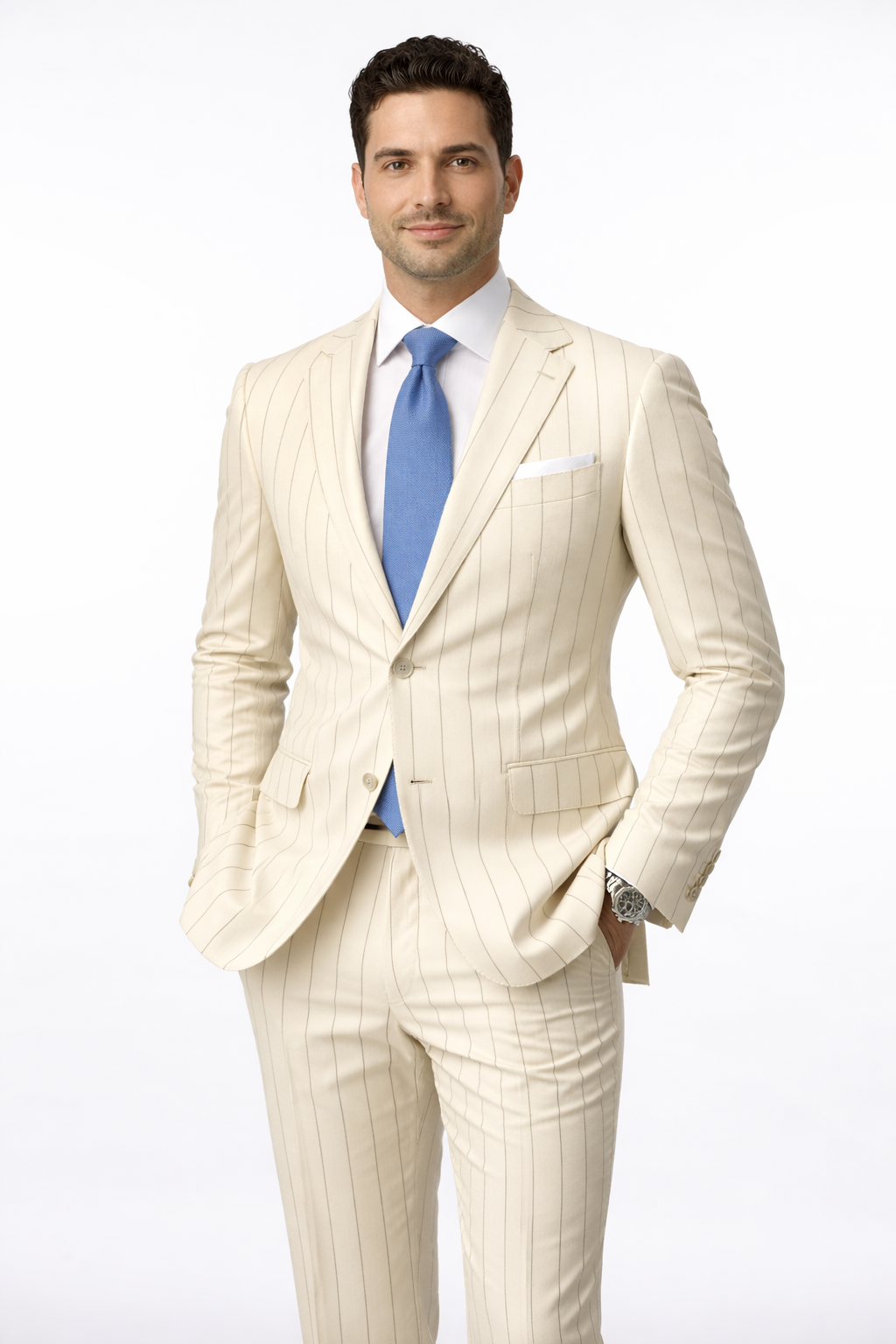 Ivory striped wool suit showing fabric detail