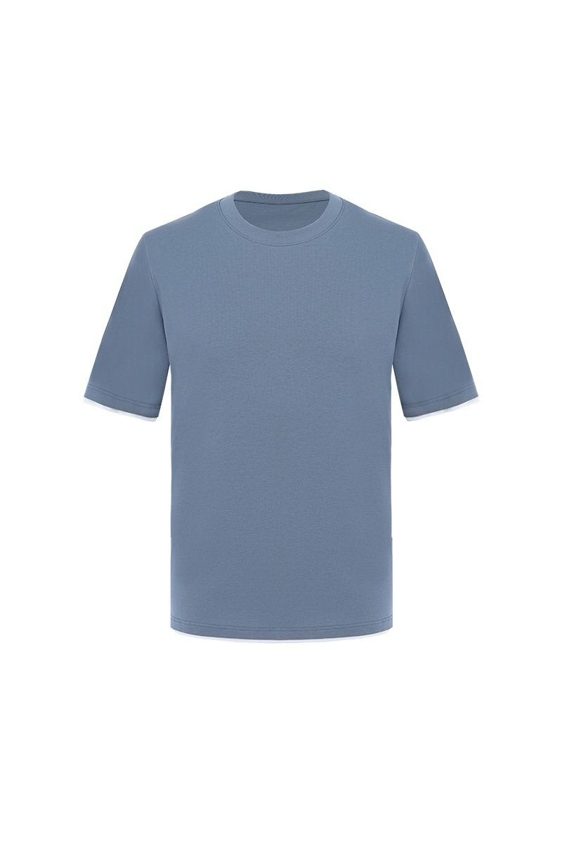 Dusty blue cotton crew neck tee with white tipped trim flat lay, made to order by Zane