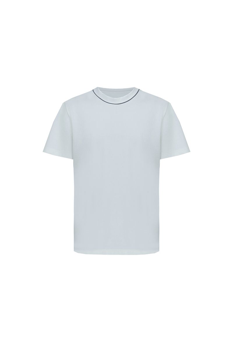 White cotton crew neck tee with navy tipped collar flat lay, made to order by Zane