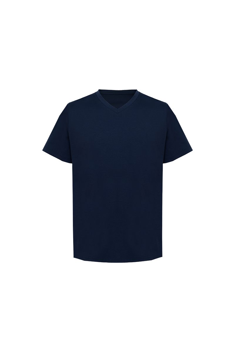 Navy wool V neck tee flat lay, made to order by Zane