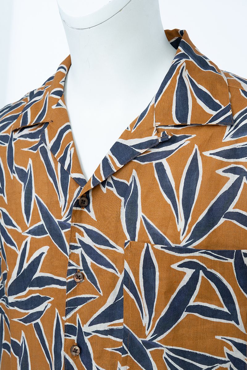 Amber botanical print European linen shirt fabric texture, made to order men's shirt by Zane