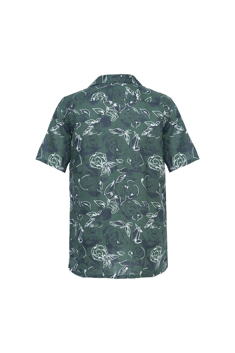 Green botanical print linen camp collar shirt, made to order men's tailored shirt by Zane
