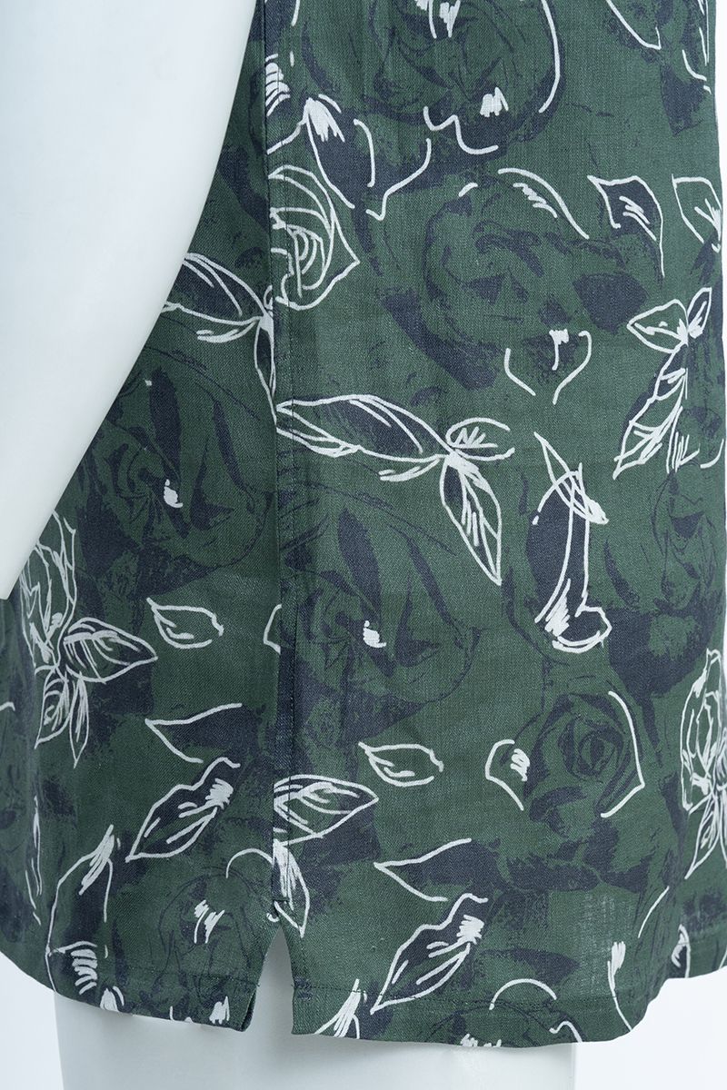 Green botanical print linen shirt print detail, made to order men's summer shirt by Zane