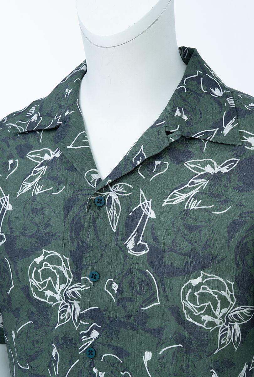 Green botanical print linen shirt sleeve detail, made to order men's summer shirt by Zane