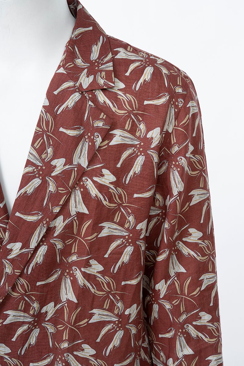 Burgundy botanical print European linen shirt fabric texture, made to order men's shirt by Zane