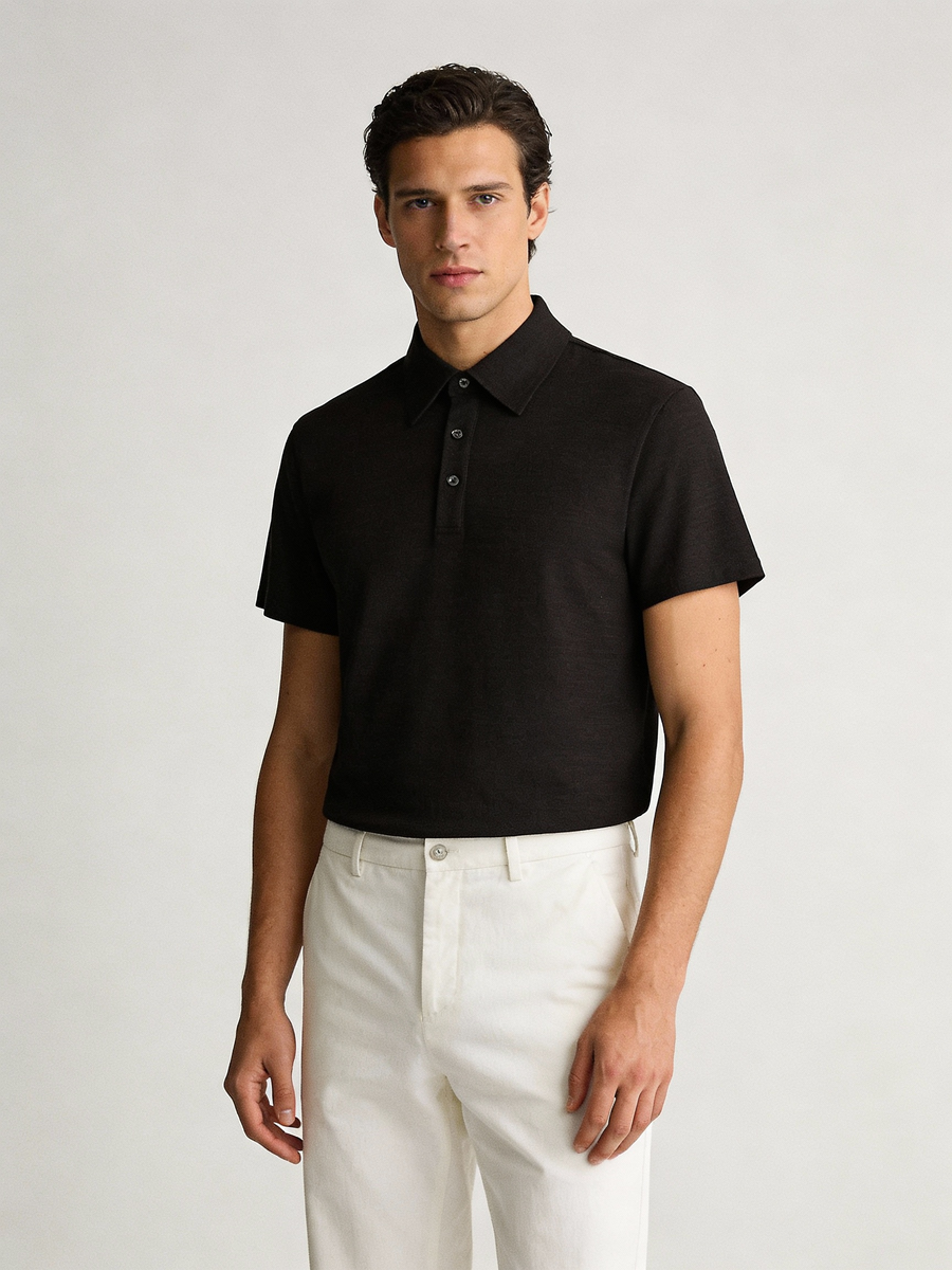 Man wearing espresso brown wool blend made to order short sleeve polo with classic collar, shipped nationwide by Zane