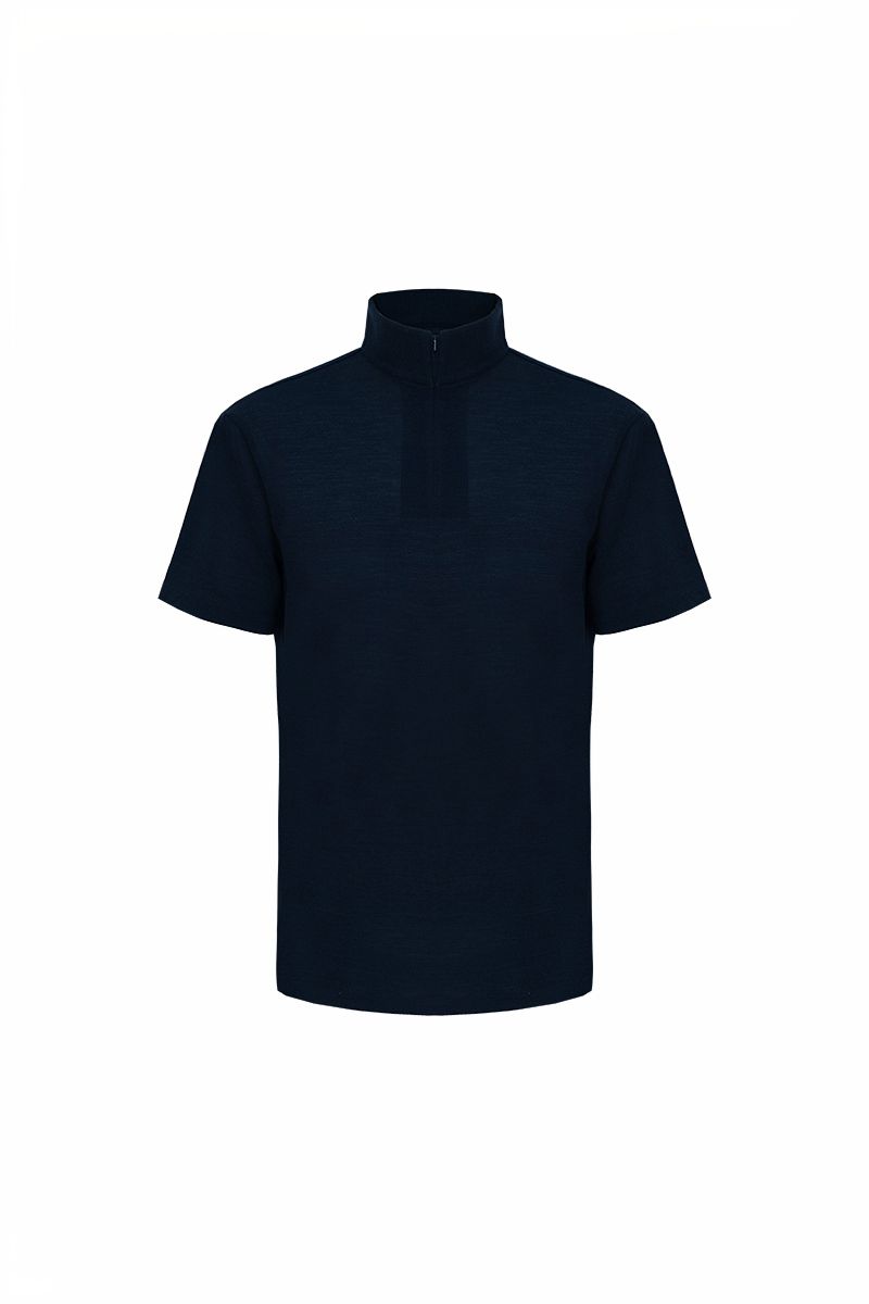 Navy wool blend short sleeve zip polo flat lay, made to order by Zane