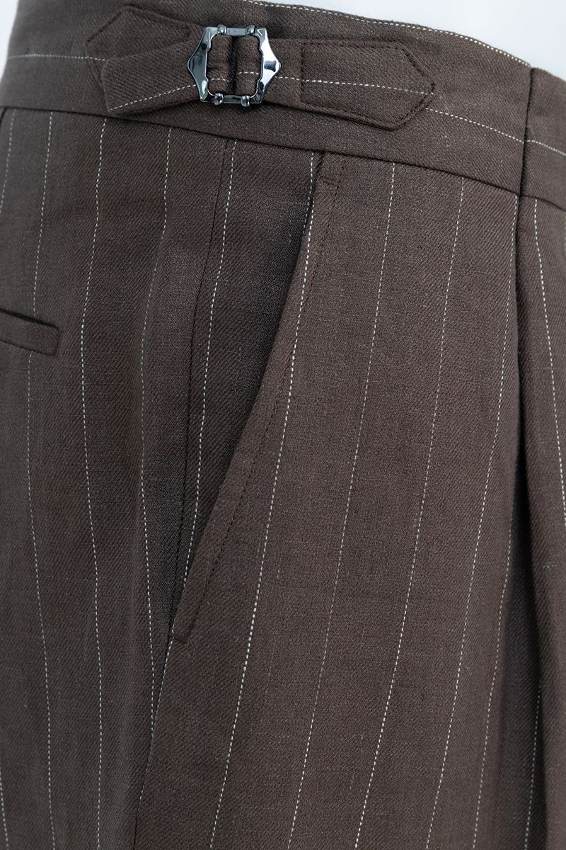 Brown stripe linen shorts waistband detail, made to order men's shorts by Zane