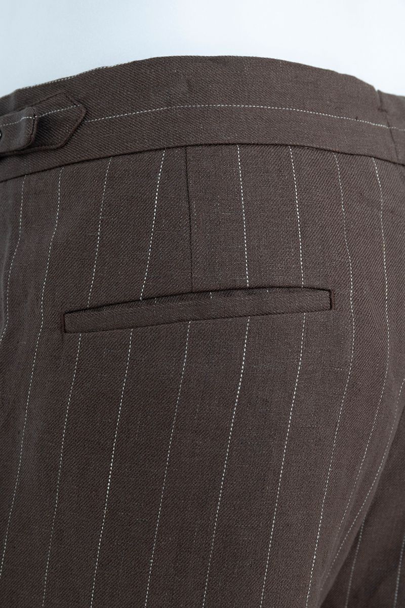 Brown stripe linen shorts detail, made to order men's tailored shorts by Zane