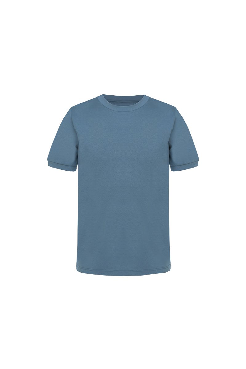 Blue cotton crew neck tee flat lay, made to order by Zane