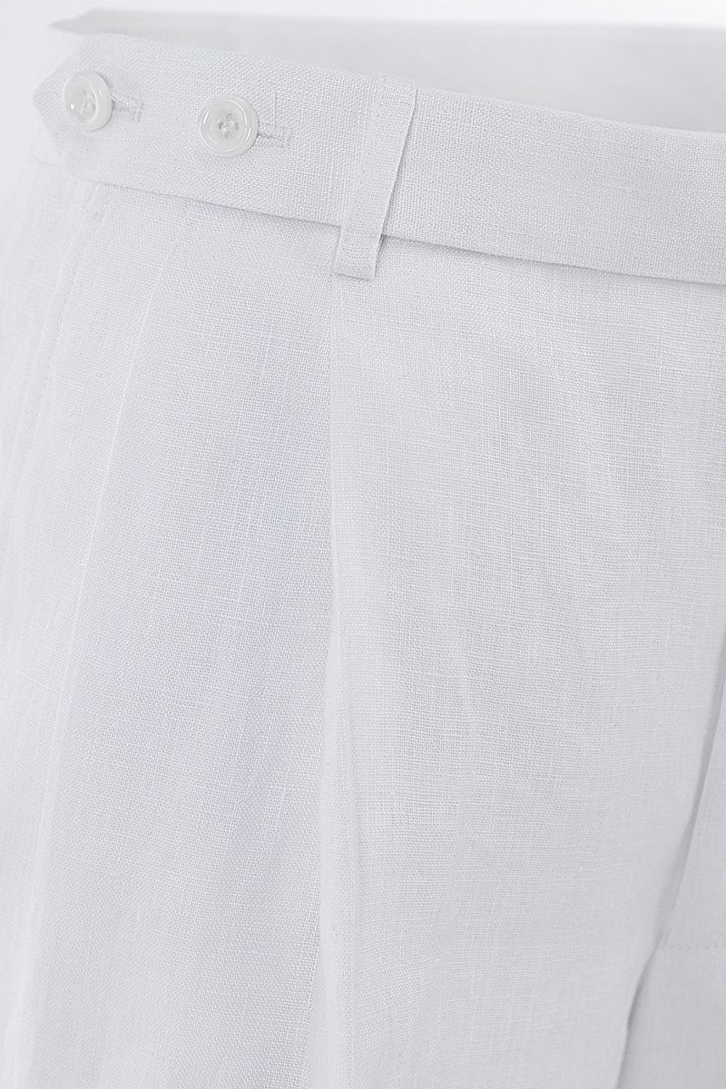 White linen shorts side adjuster tab detail, made to order men's shorts by Zane