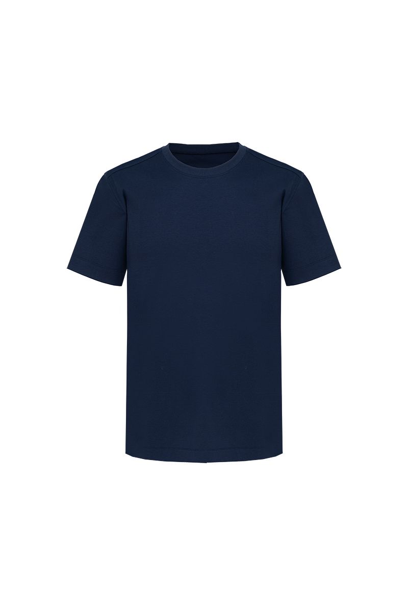 Navy cotton crew neck tee flat lay, made to order by Zane