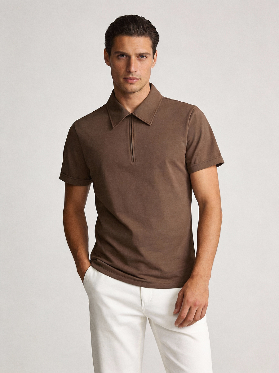 Man wearing coffee brown made to order short sleeve zip polo with johnny collar, shipped nationwide by Zane