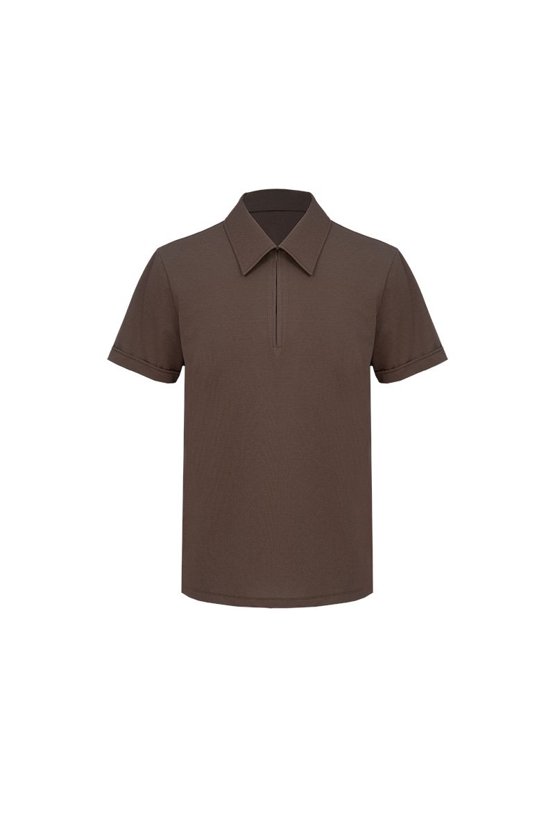 Coffee brown short sleeve zip polo flat lay, made to order by Zane