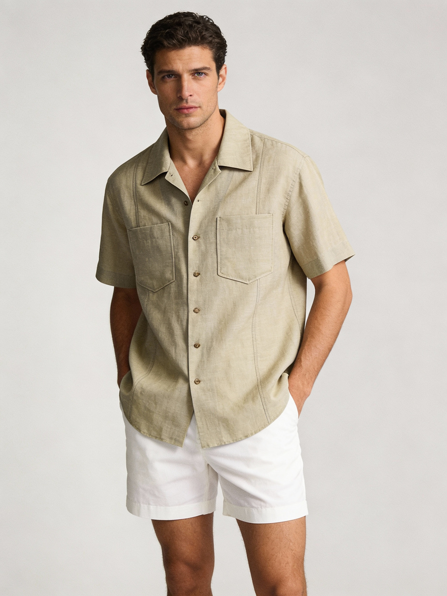 Capri sand wool linen camp shirt, made to order men's short sleeve summer shirt shipped nationwide by Zane