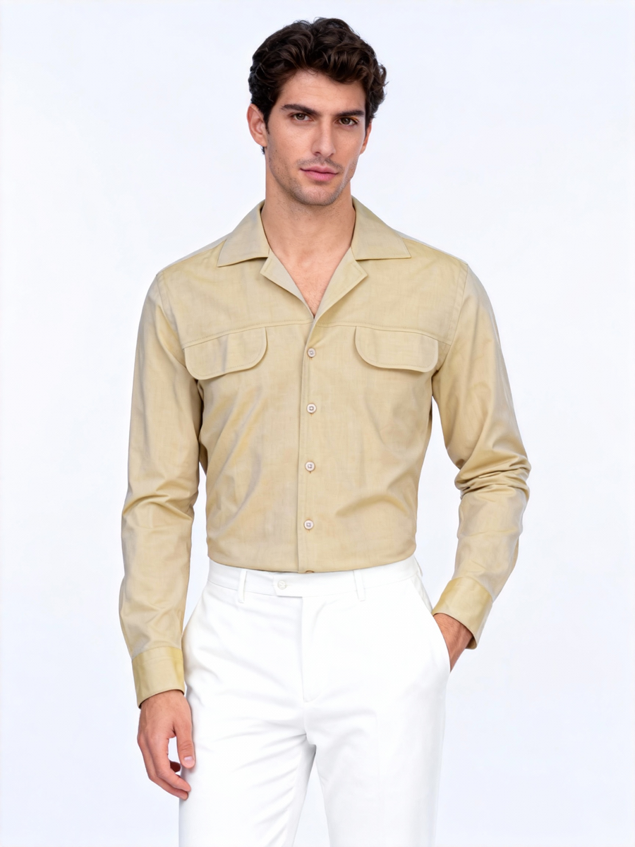 Sorrento pale yellow camp collar shirt, made to order men's long sleeve cotton shirt shipped nationwide by Zane