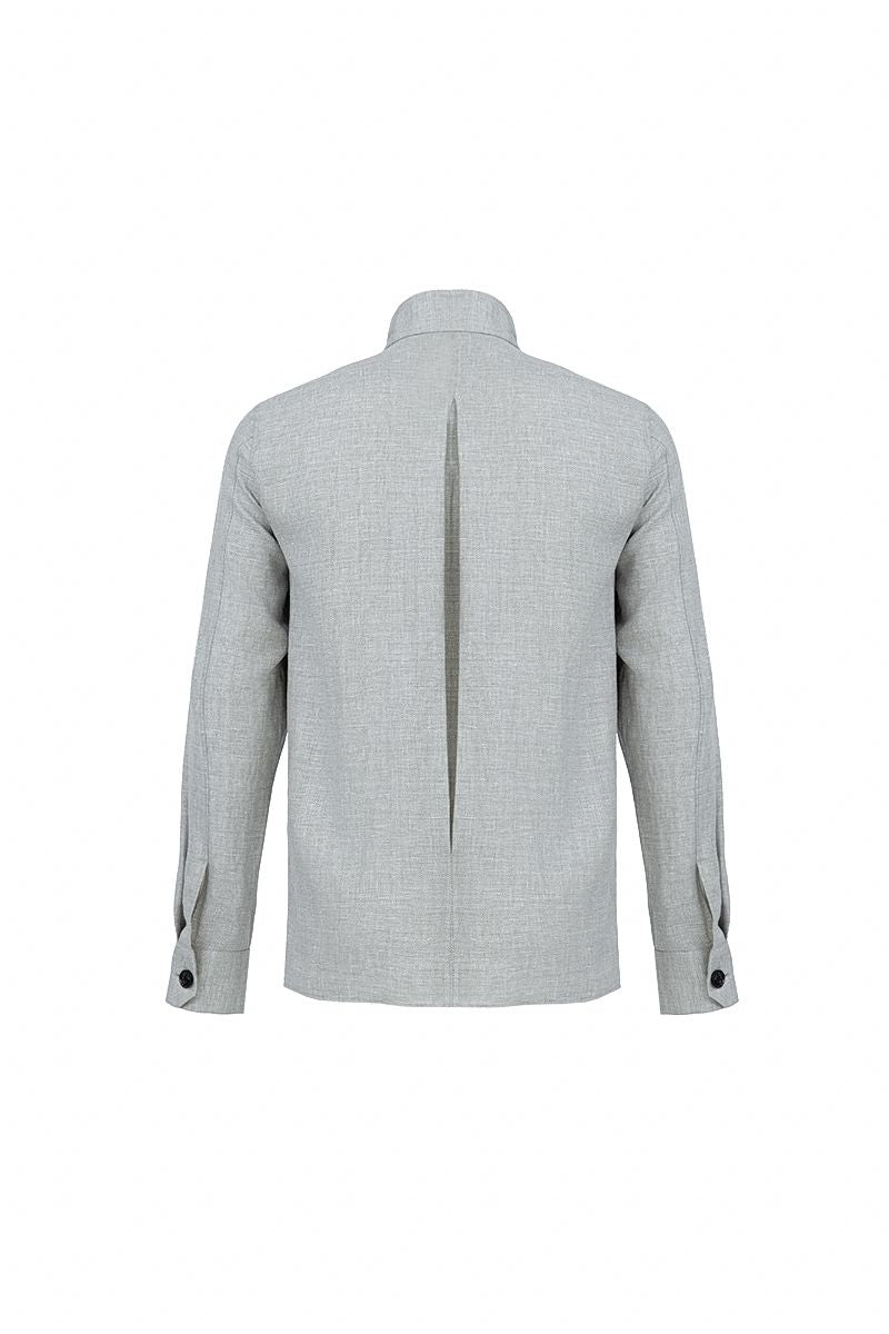 Stone grey mandarin collar shirt with chest pocket, made to order men's tailored shirt by Zane