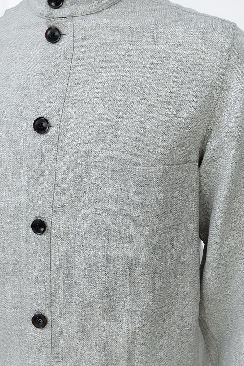 Stone grey mandarin collar detail, made to order men's wool linen silk shirt by Zane