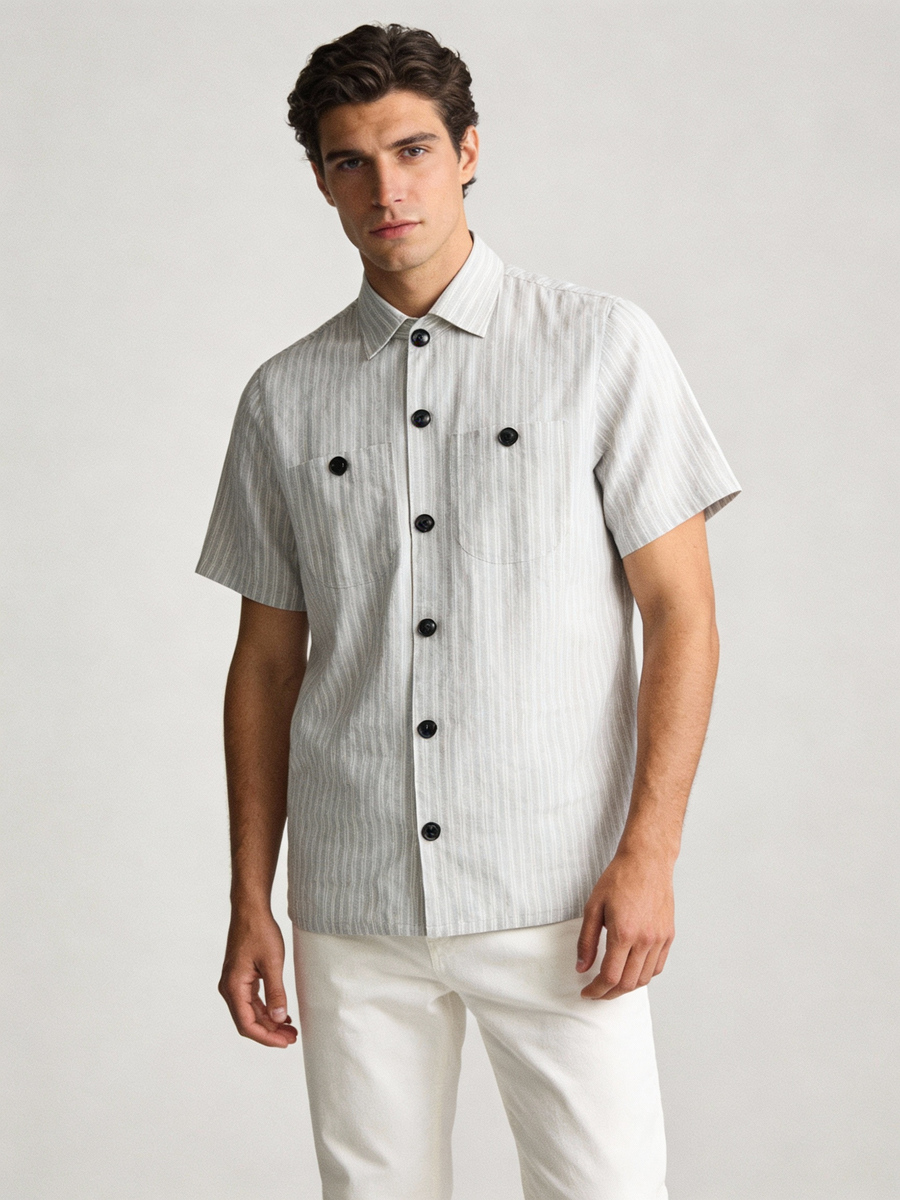 Portofino grey pinstripe linen shirt, made to order men's short sleeve summer shirt shipped nationwide by Zane