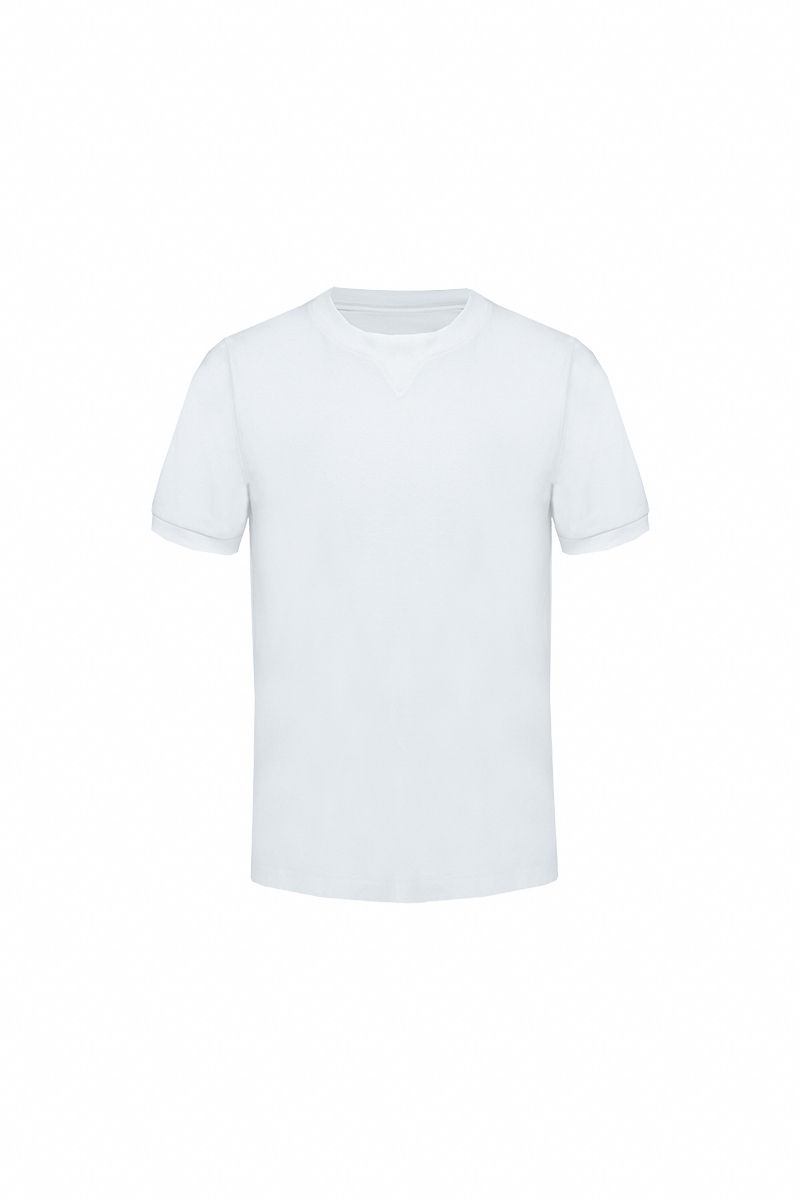 White cotton crew neck tee with V insert neckline flat lay, made to order by Zane