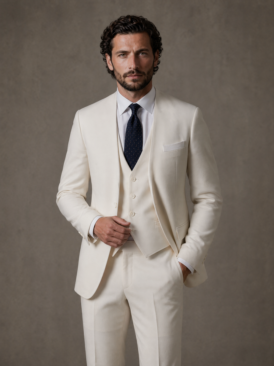 Full-length studio photograph of the Salvatore Ivory Peak Lapel Blazer, a made-to-order men's peak-lapel blazer in premium stretch cotton, ivory and off-white with a smooth structured finish, tailored to your measurements for weddings and ceremonies and shipped nationwide by Zane.