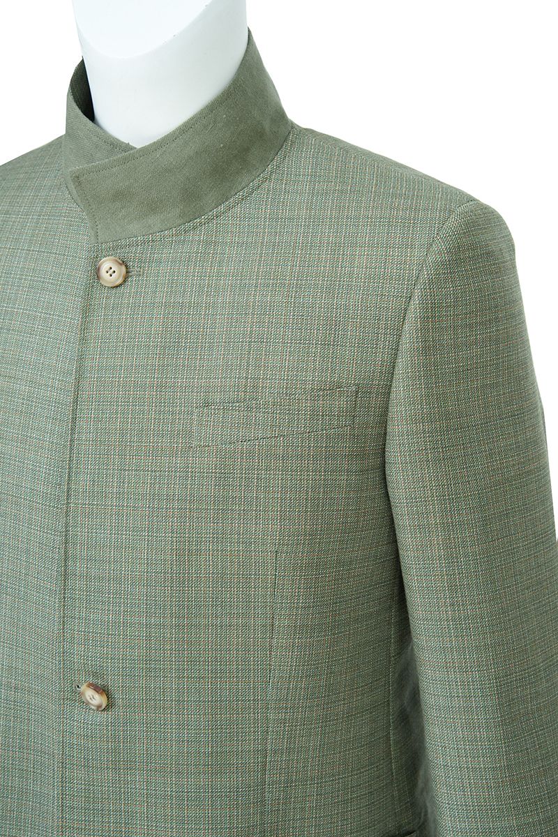 Fabric and tailoring close-up of the Marco Sage Green Mandarin Collar Jacket, showing the premium Super 130s Italian REDA wool with a subtle plaid weave, made to order and shipped nationwide by Zane.