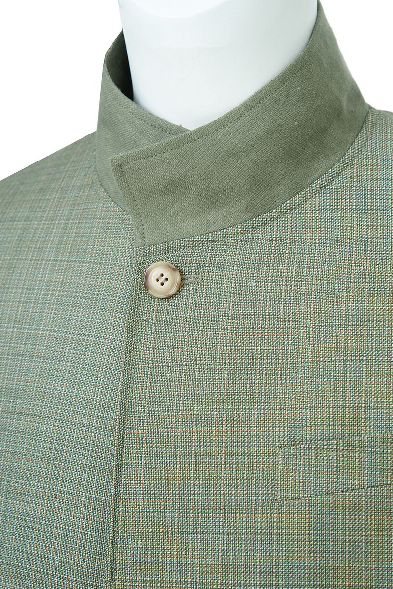 Three-quarter angle of the Marco Sage Green Mandarin Collar Jacket, a made-to-order men's jacket in sage green Super 130s Italian REDA wool, tailored to your measurements and shipped nationwide by Zane.