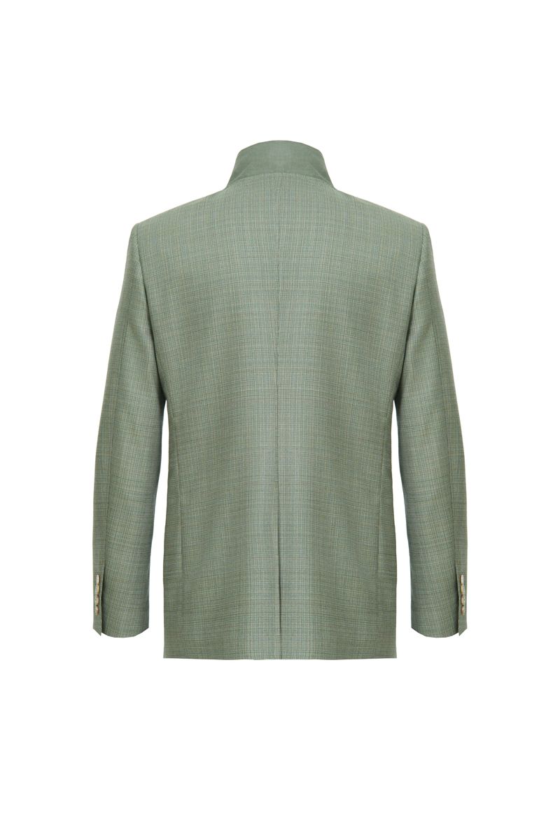 Styled look of the Marco Sage Green Mandarin Collar Jacket in Super 130s Italian REDA wool, a made-to-order men's Neo-Chinese jacket for weddings, dinners, and elevated business wear, shipped nationwide by Zane.
