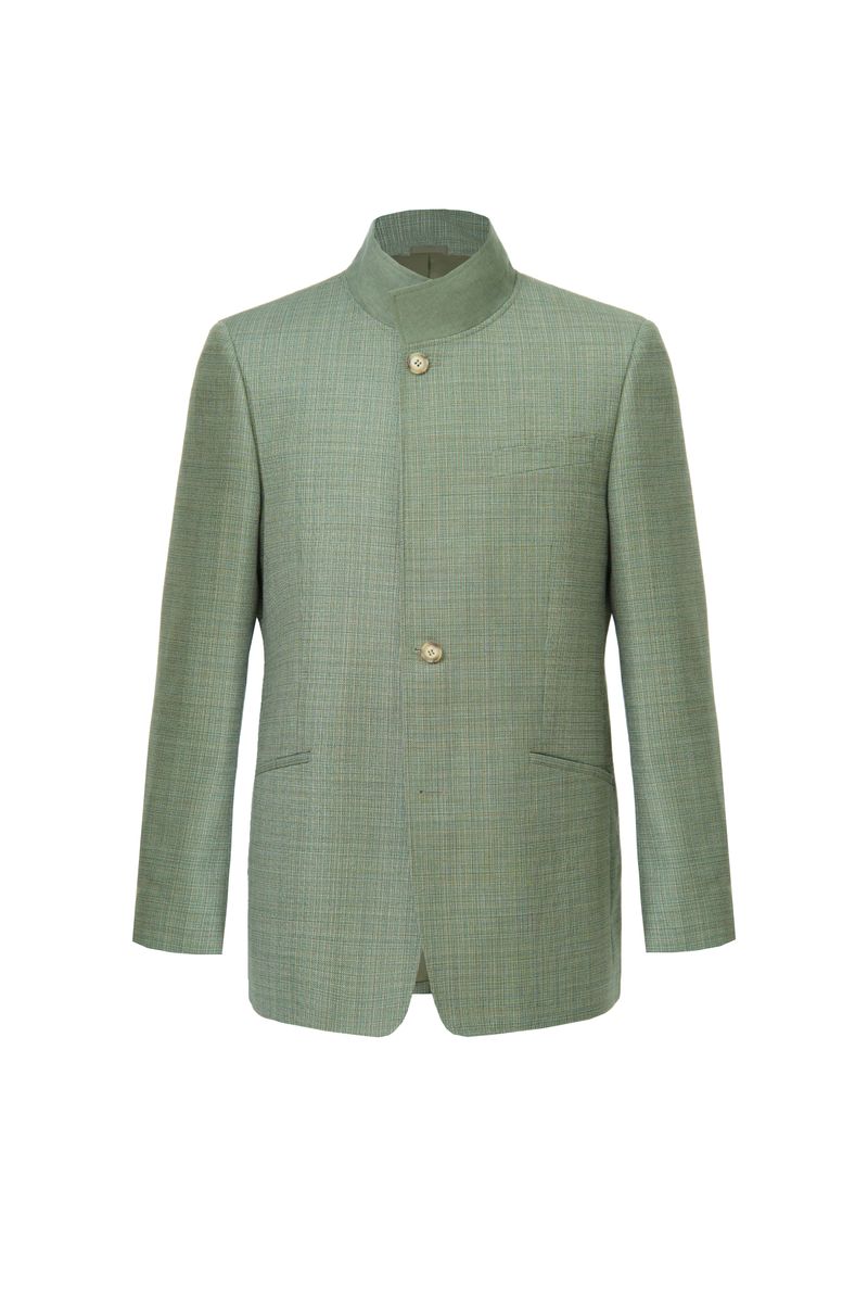 Front-facing view of the Marco Sage Green Mandarin Collar Jacket, a made-to-order men's sport coat in Super 130s Italian REDA wool with a Mandarin collar and slim unconstructed fit, tailored to your measurements and shipped nationwide by Zane.