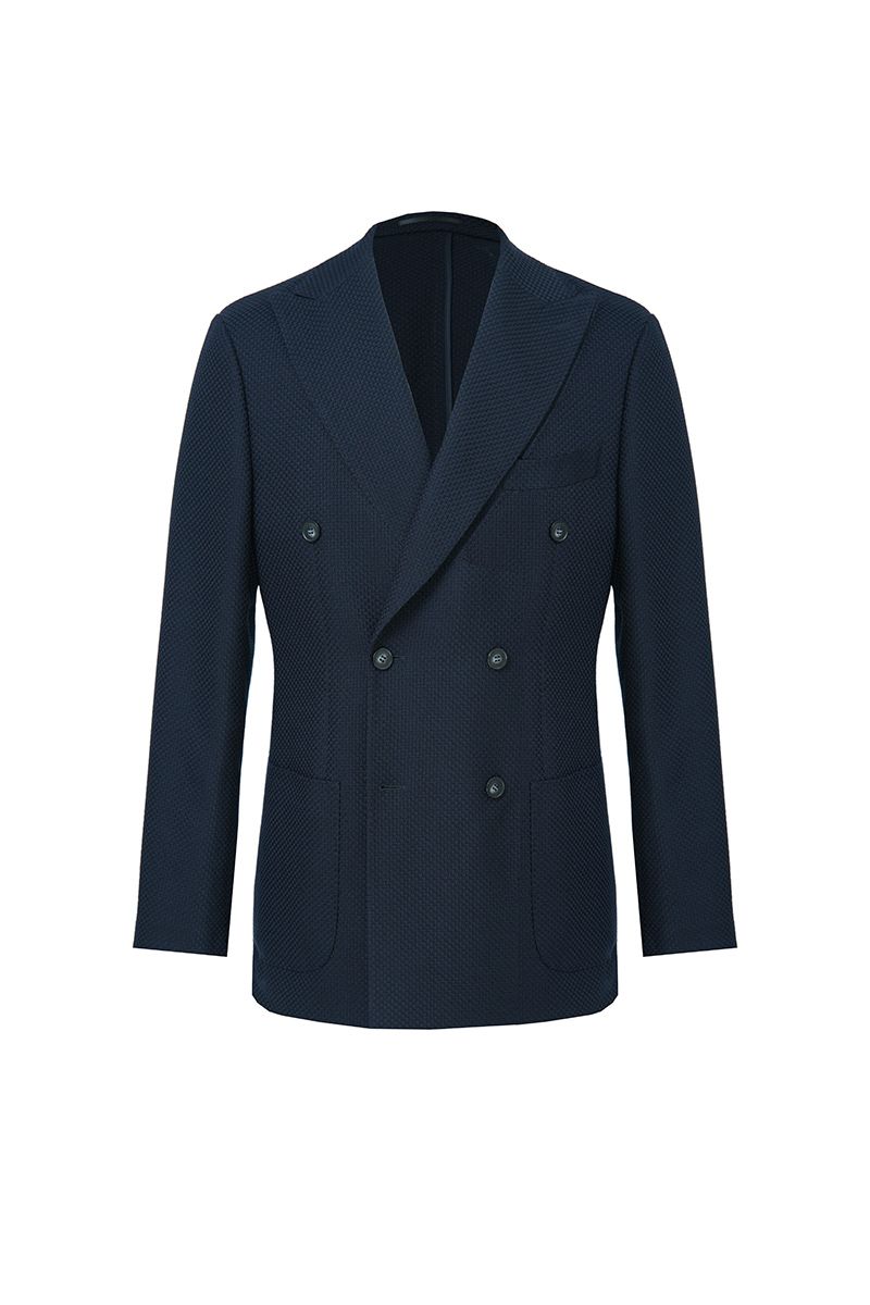 Front-facing view of the Luca Navy Double Breasted Sport Coat, a made-to-order men's peak lapel double-breasted jacket in Italian REDA wool, tailored to your measurements and shipped nationwide by Zane.