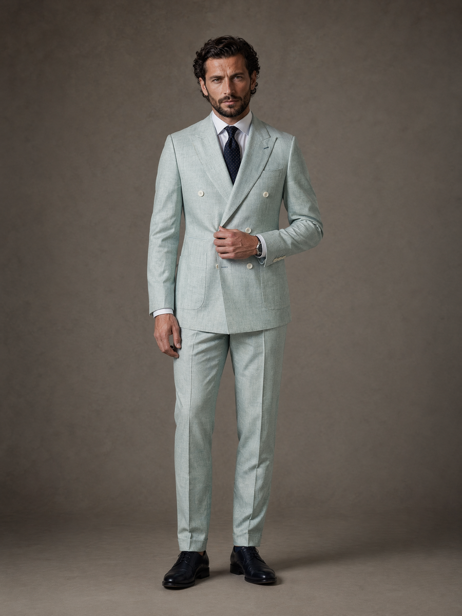 Full-length studio photograph of the Nico Sage Green Double Breasted Linen Sport Coat, a made-to-order men's double-breasted sport coat in 100% Italian linen by Guabello, sage green with peak lapels, tailored to your measurements for summer weddings and garden events and shipped nationwide by Zane.