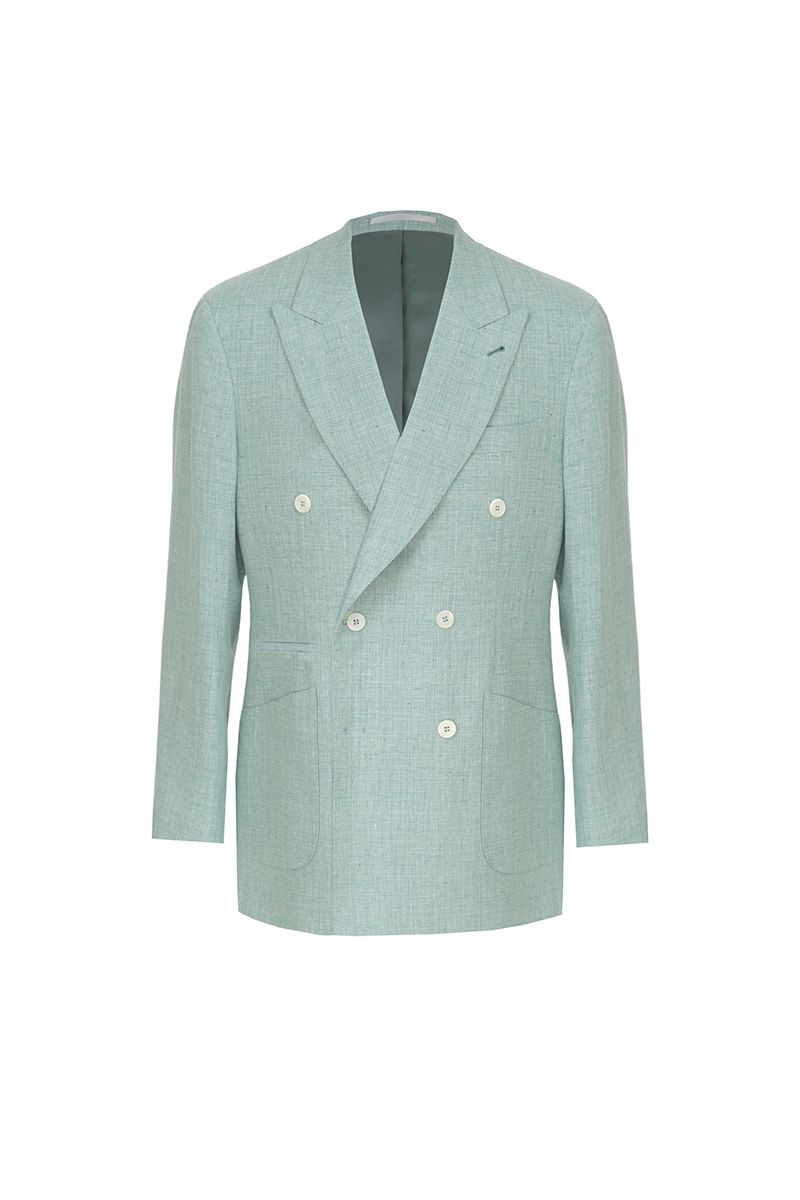 Front-facing view of the Nico Sage Green Double Breasted Linen Sport Coat, a made-to-order men's peak lapel jacket in 100% Italian Guabello linen, tailored to your measurements and shipped nationwide by Zane.