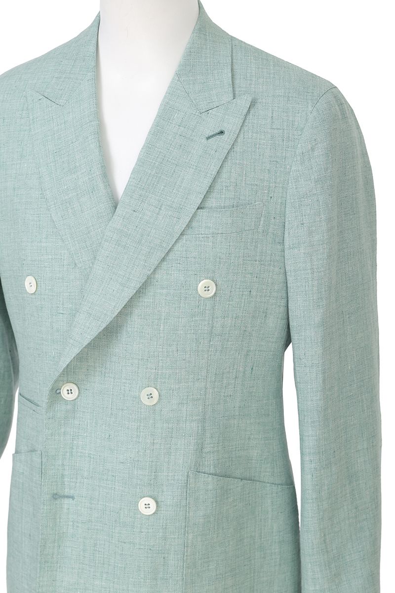 Three-quarter angle of the Nico Sage Green Double Breasted Linen Sport Coat in 100% Italian Guabello linen, made to order and shipped nationwide by Zane.