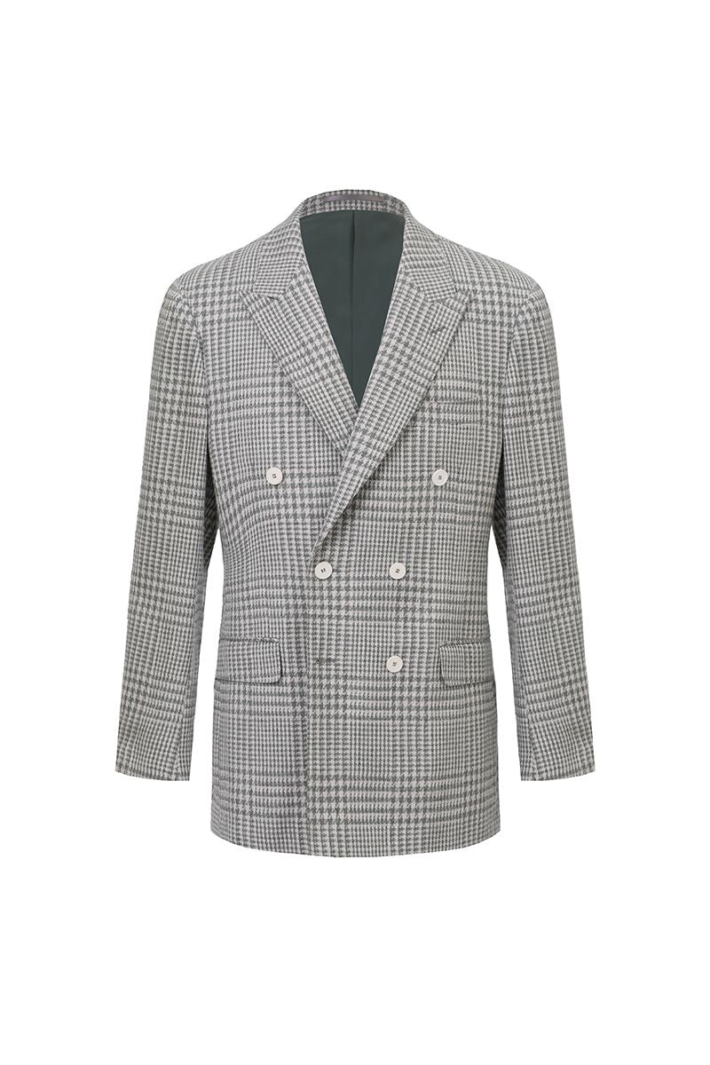 Front-facing view of the Raffaele Grey Glen Plaid Double Breasted Sport Coat, a made-to-order men's peak lapel jacket in an Italian Marzotto cotton-wool blend, tailored to your measurements and shipped nationwide by Zane.