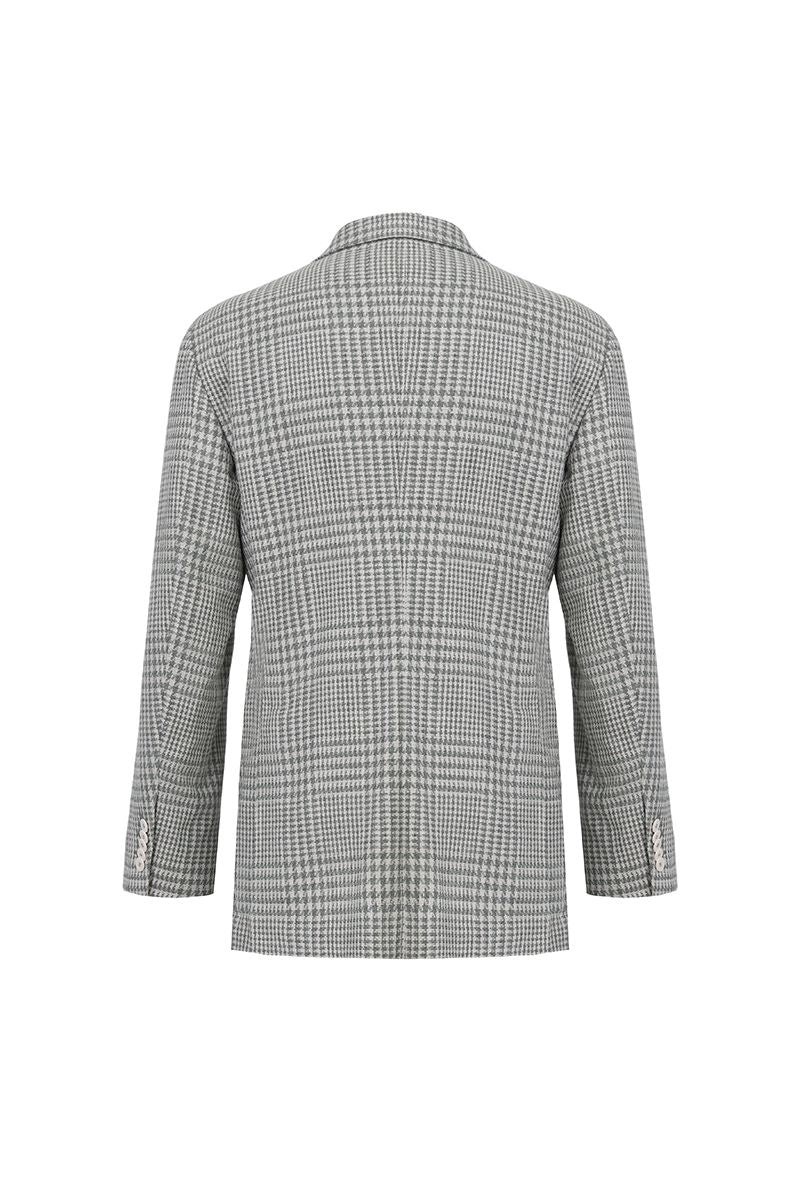 Styled look of the Raffaele Grey Glen Plaid Sport Coat in an Italian Marzotto cotton-wool blend, a made-to-order men's double-breasted jacket for business and weddings, shipped nationwide by Zane.