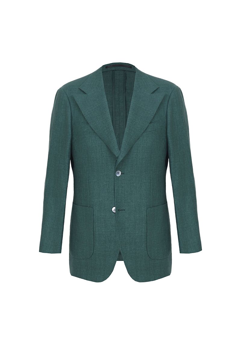 Front-facing view of the Fabio Pine Green Linen Sport Coat, a made-to-order men's notch lapel jacket in 100% Italian Guabello linen, tailored to your measurements and shipped nationwide by Zane.