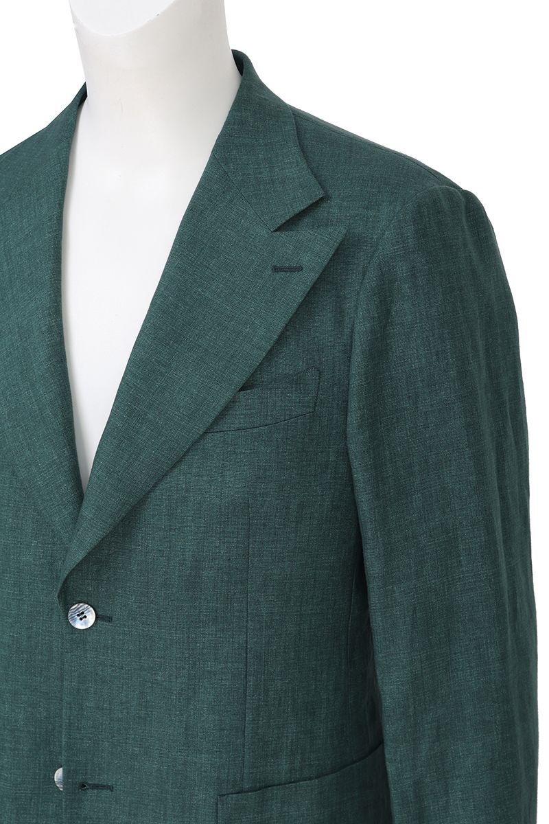 Three-quarter angle of the Fabio Pine Green Linen Sport Coat in 100% Italian Guabello linen, made to order and shipped nationwide by Zane.