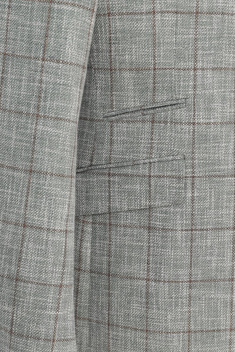 Fabric and tailoring close-up of the Dante Light Grey Windowpane Sport Coat, showing the Italian Guabello cotton, linen, and wool blend with a subtle windowpane check, made to order and shipped nationwide by Zane.