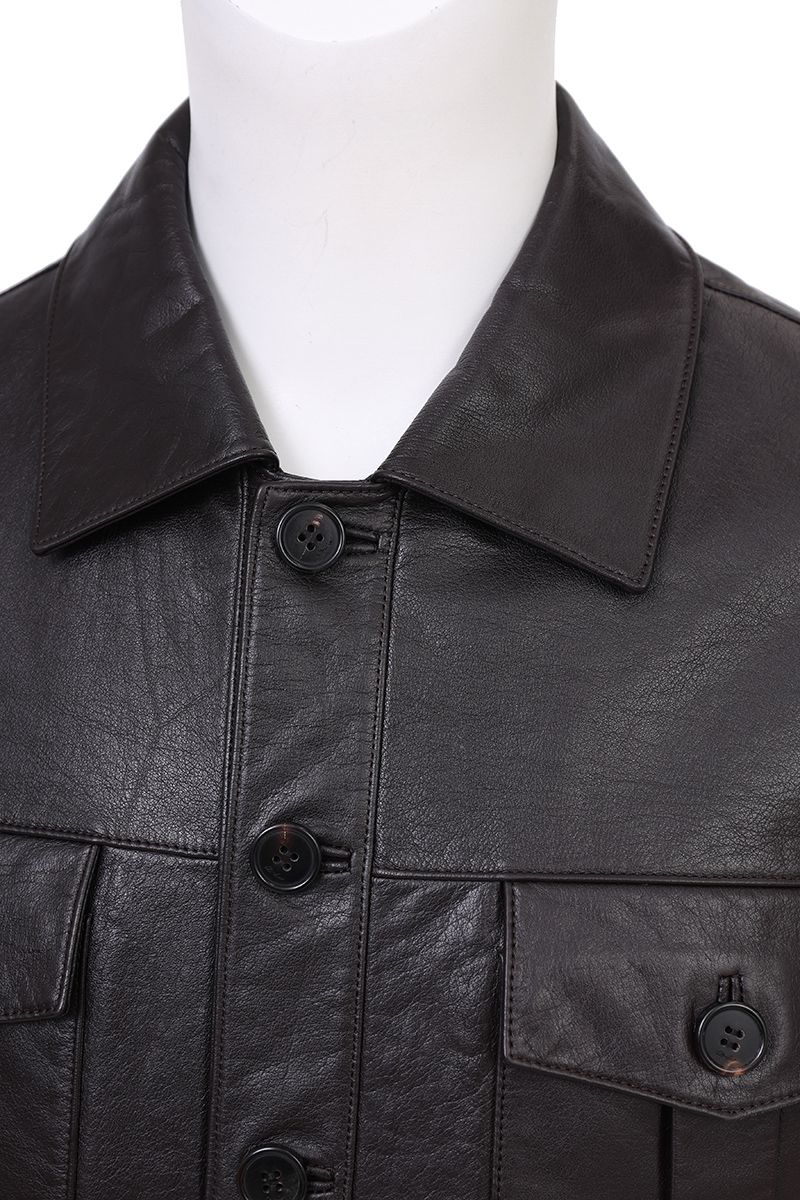 Leather trucker jacket pointed collar and burgundy under collar detail
