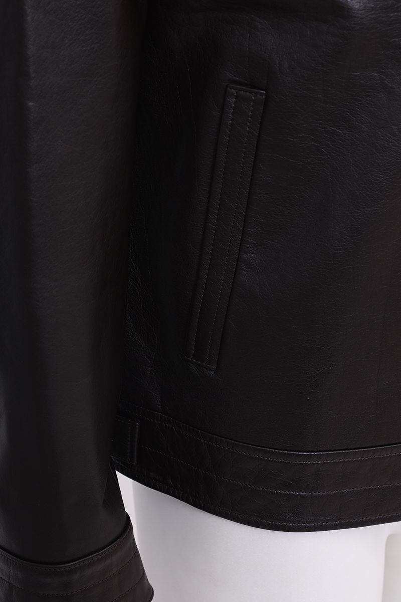 Espresso brown leather trucker jacket button placket detail