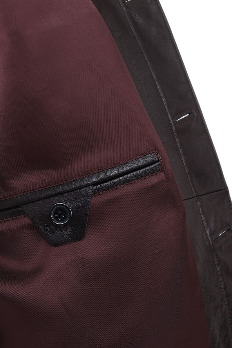 Espresso brown leather trucker jacket back view