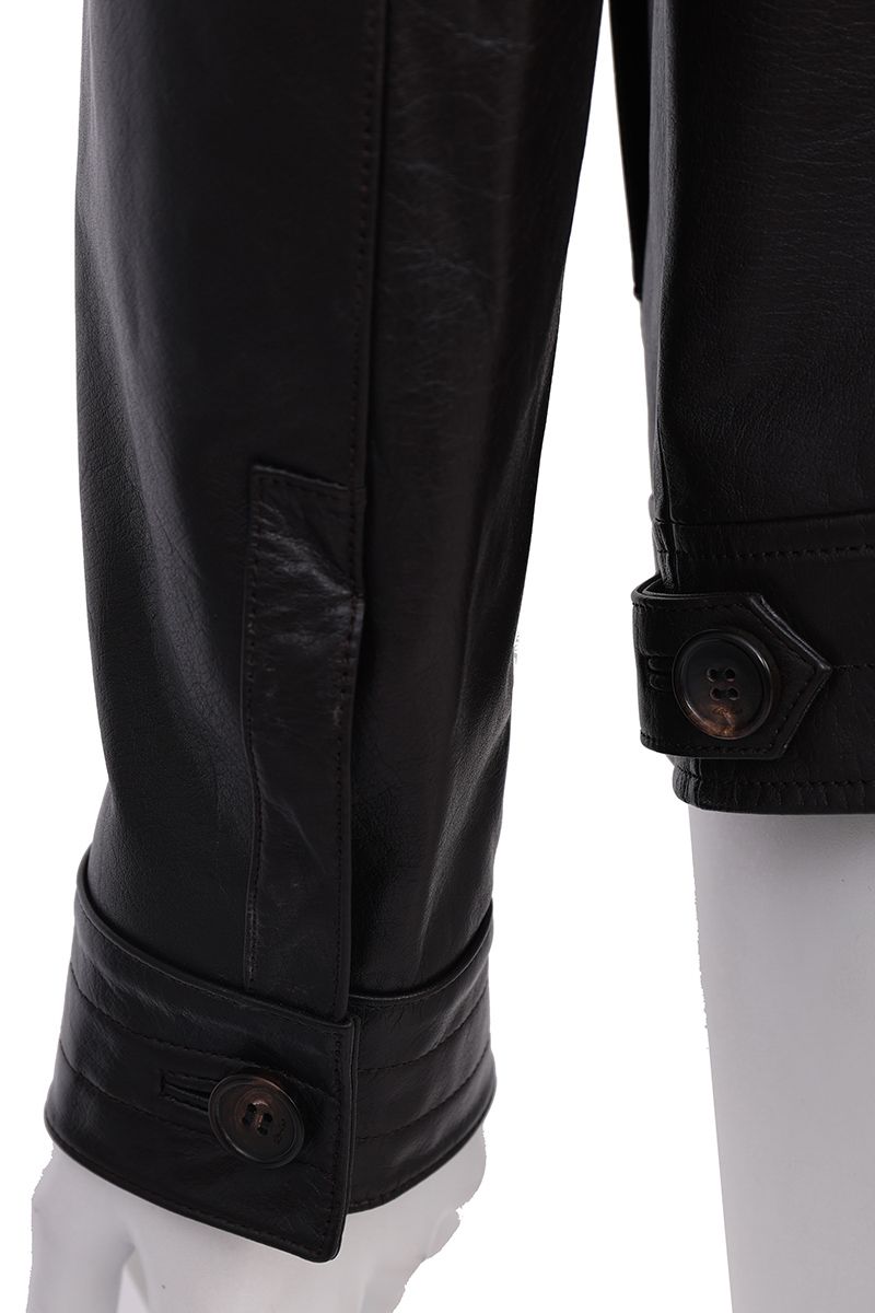 Leather trucker jacket hem and side detail