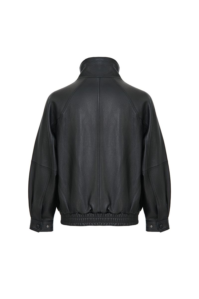 Black grained leather bomber jacket snap placket detail