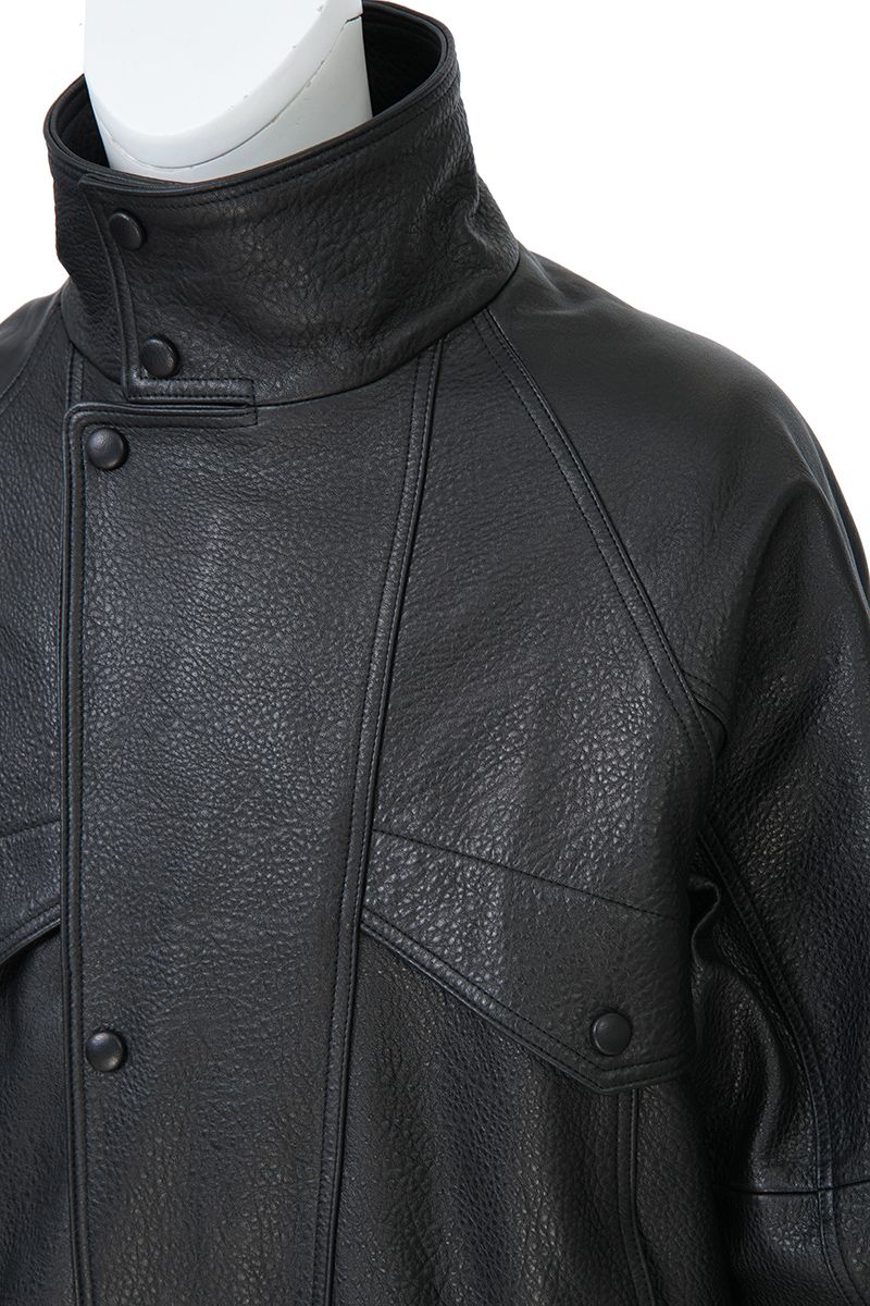 Black grained leather bomber jacket shoulder detail