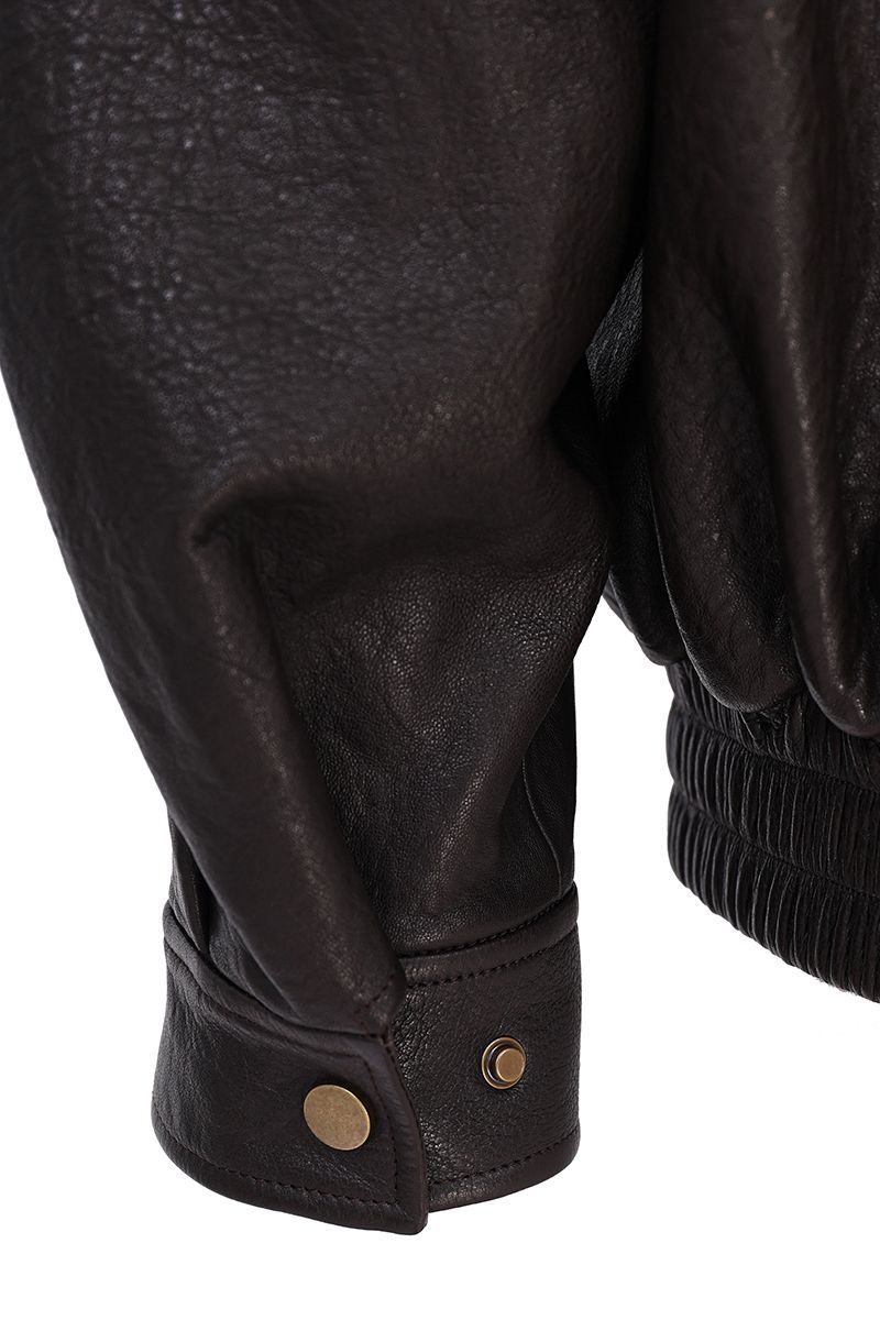 Brown leather moto jacket asymmetric zip detail