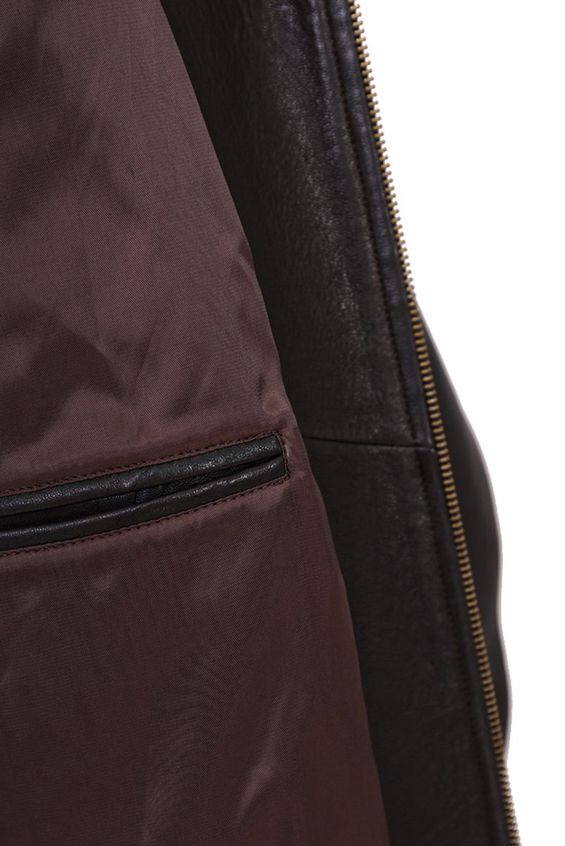 Brown leather moto jacket full length view